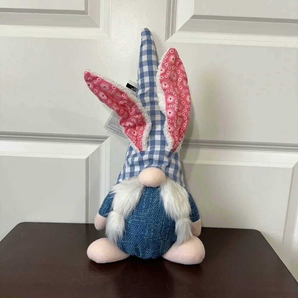 Easter Blue and White Plaid Bunny Gnome